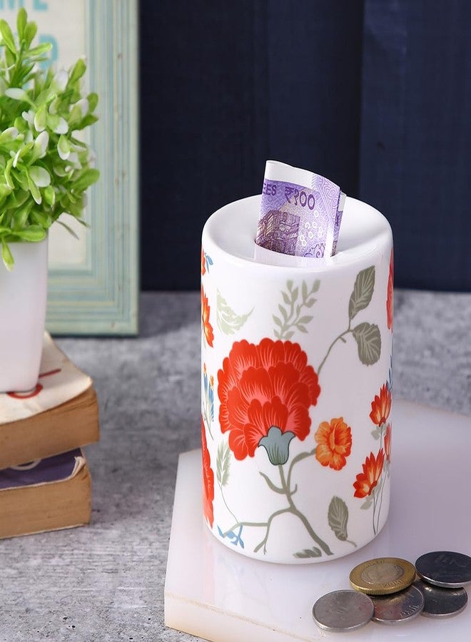 PentaDeco Cream Floral Ceramic Money Box | 4-Inch Elegant Piggy Bank | Premium Ceramic Decor & Savings Bank Gift for Loved Ones - Image 1